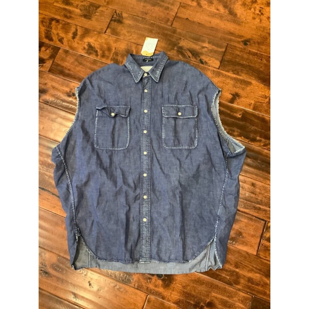 R13 Blue Chambray Japanese Cotton Sleeveless Button-Up Shirt, Size Large